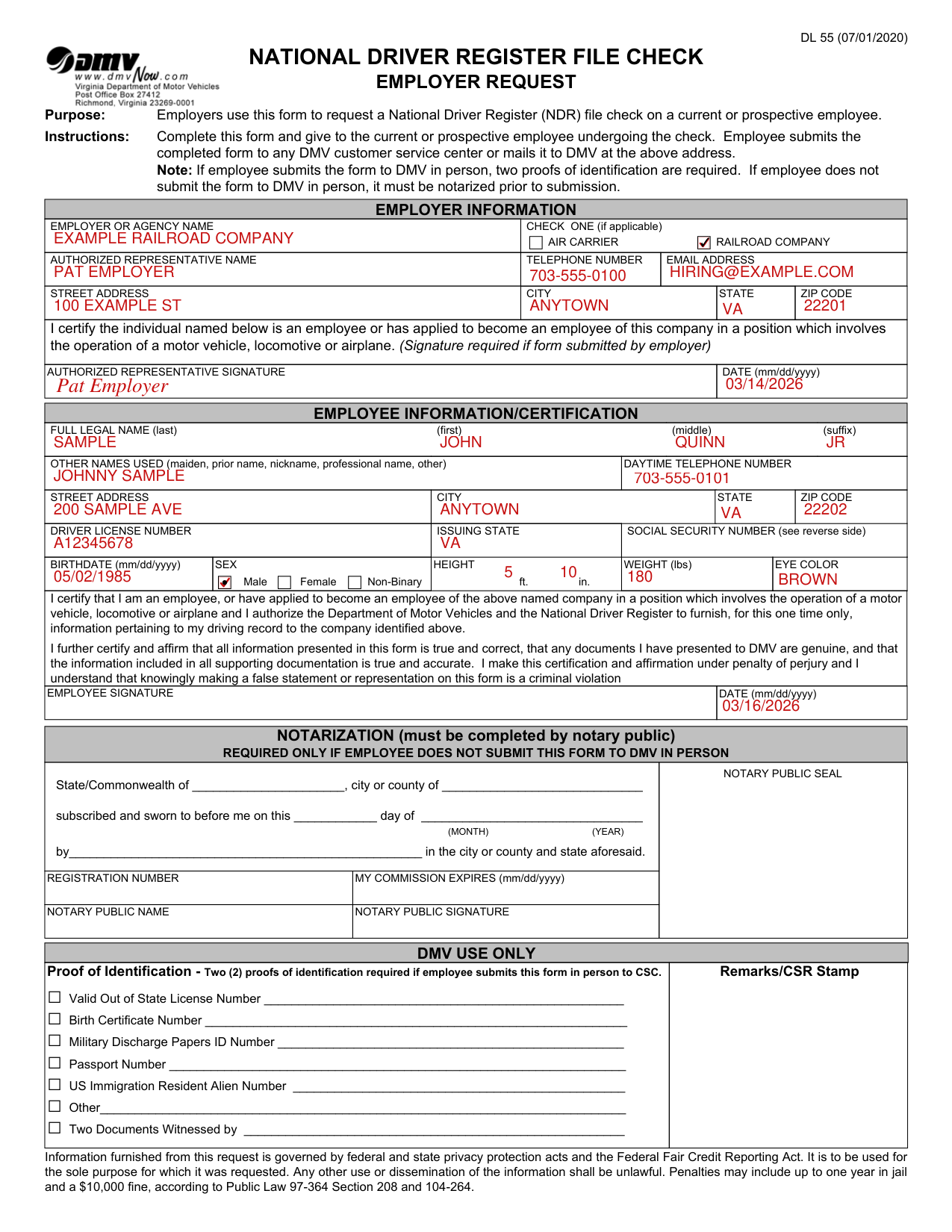 Form DL 55 example filled out, example: a railroad requests an engineer check