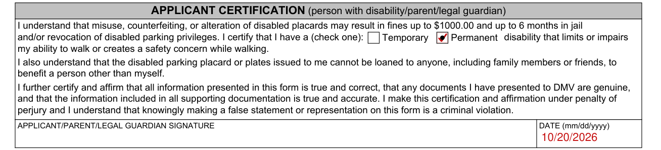 MED 10 example filled out, applicant certification (person with disability/parent/legal guardian)