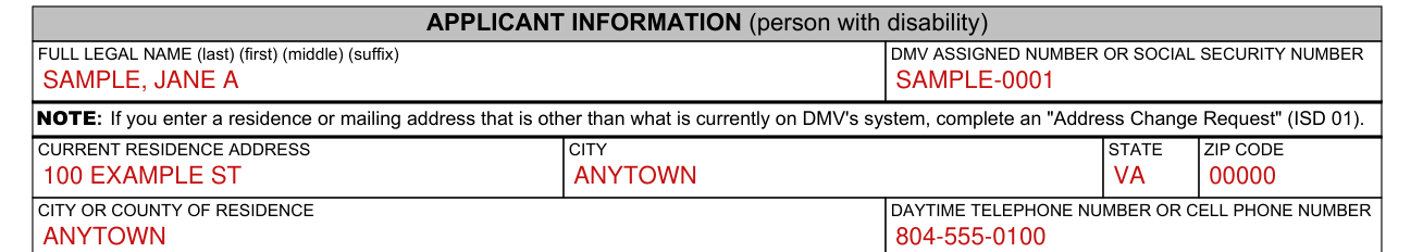 MED 10 example filled out, applicant information (person with disability)