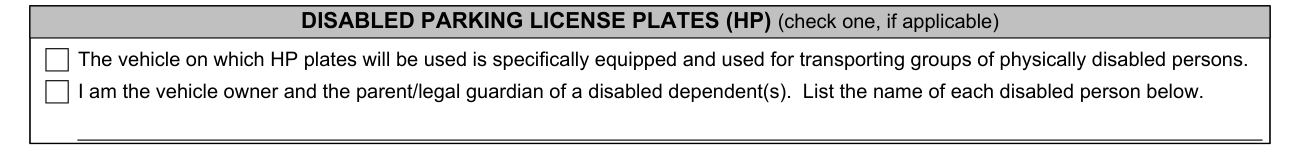 MED 10 example filled out, disabled parking license plates (HP)