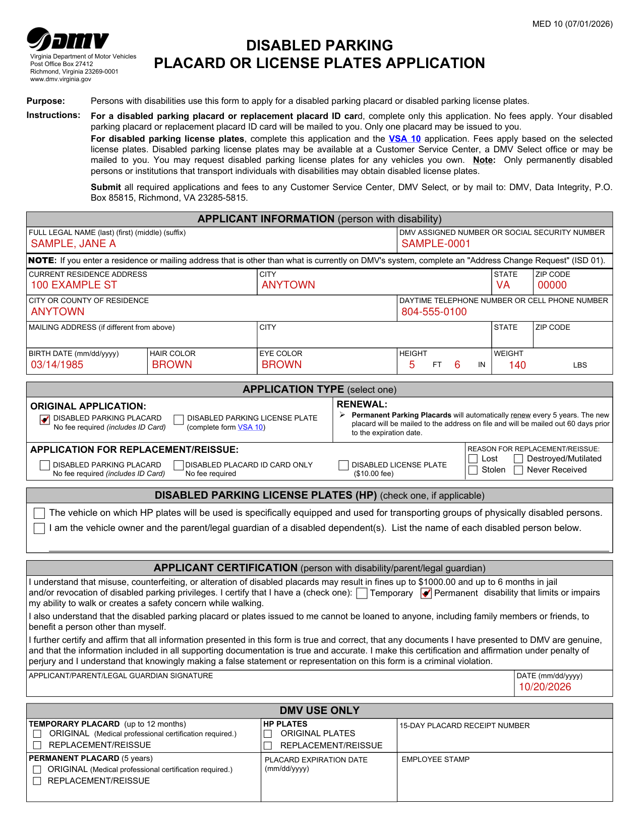 MED 10 example filled out, example: an original application for a placard