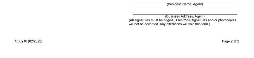 Dmv Form Obl210 Business Name Agent, All signatures must be original, Business Address Agent, OBL, and Page  of blanks to insert