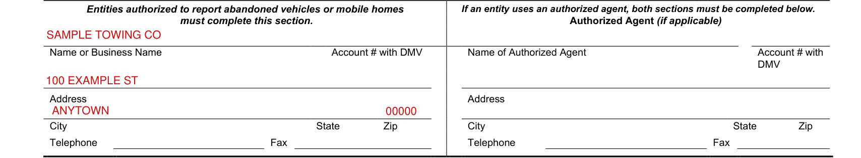 Form TR-2 example filled out, authorized Agent (if applicable)