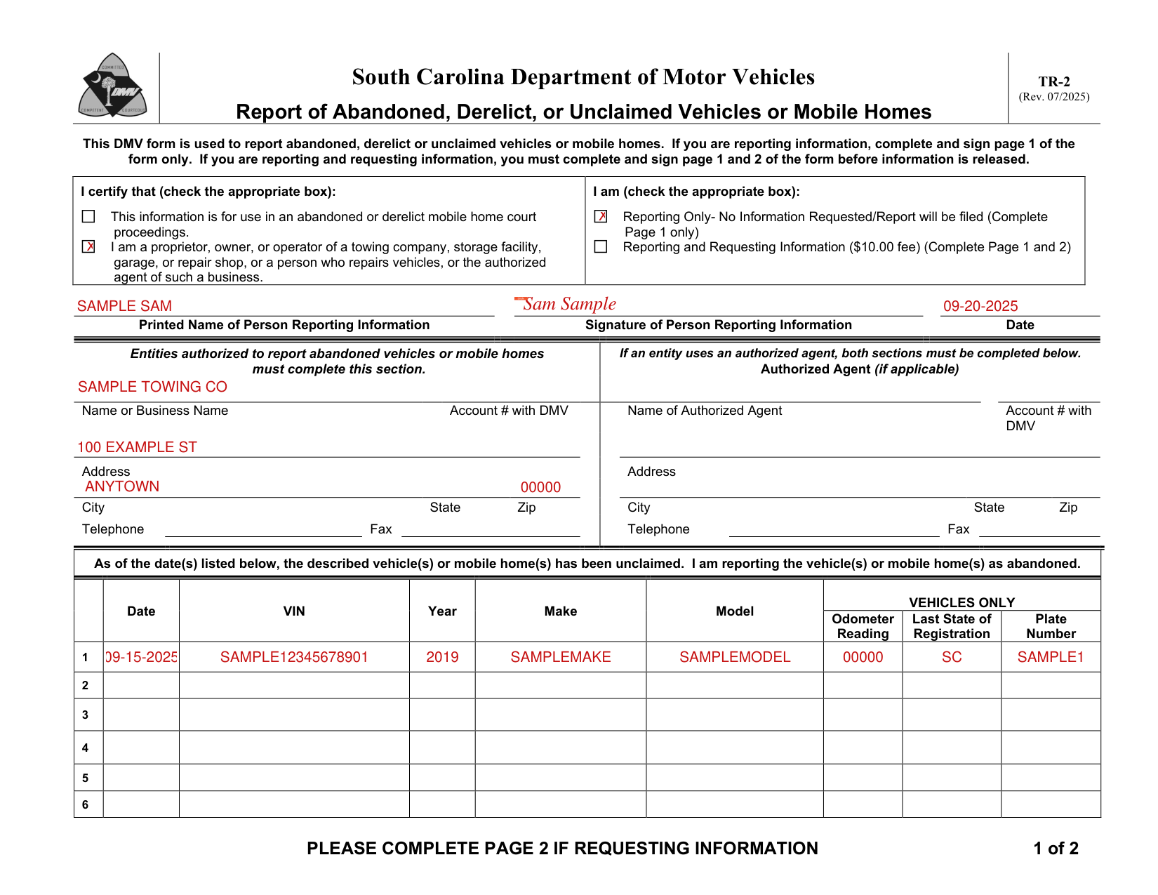 Form TR-2 example filled out, example: a towing company owner reports one vehicle