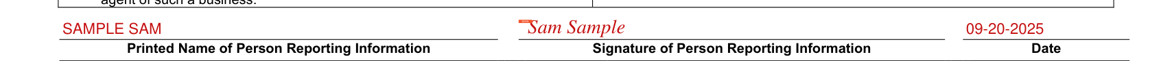 Form TR-2 example filled out, printed Name of Person Reporting Information, signature and date