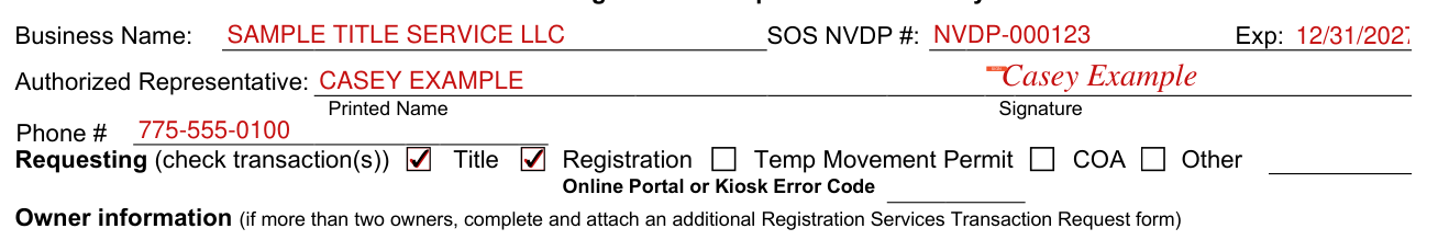 Form VP-247 example filled out, business Name and SOS NVDP #