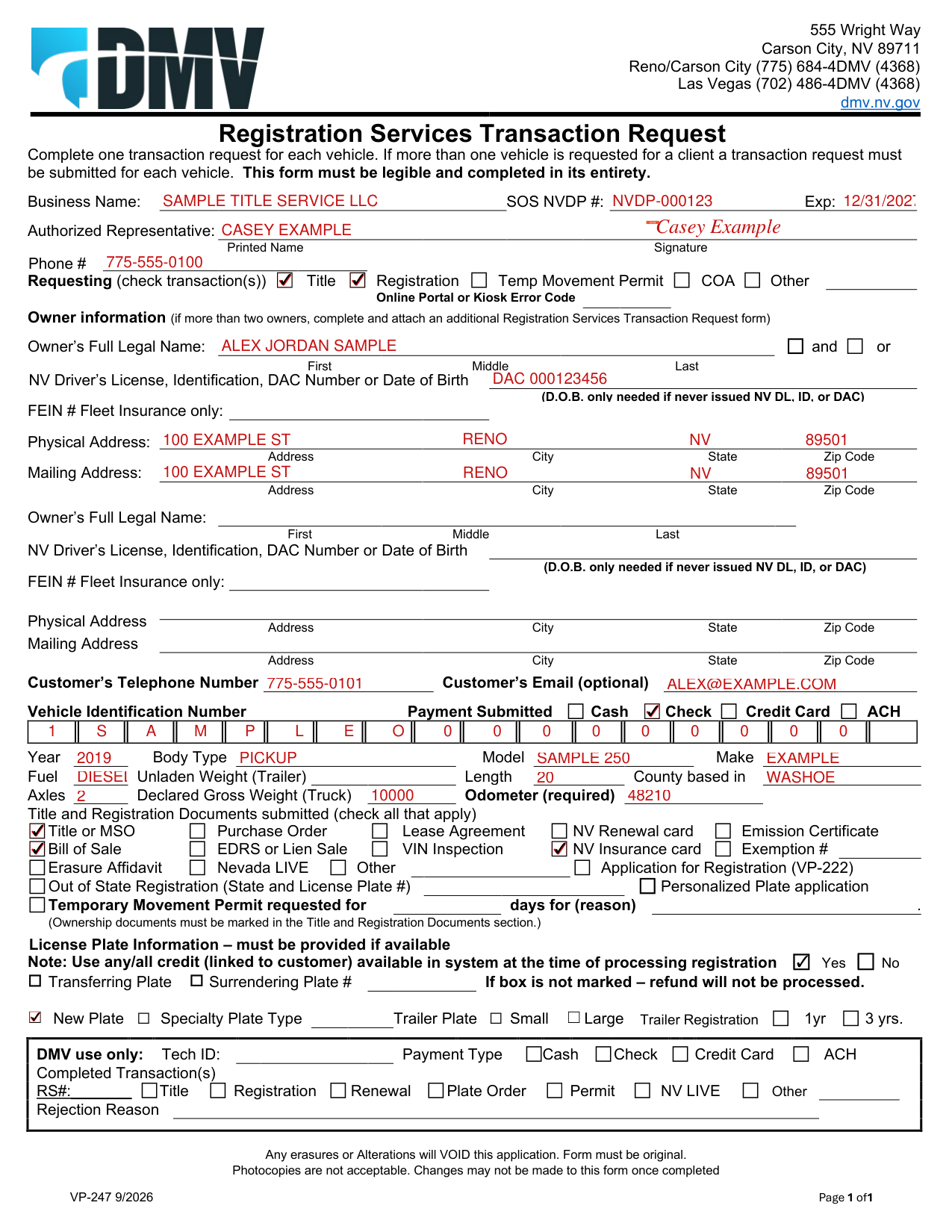 Form VP-247 example filled out, example: an agent files for one truck