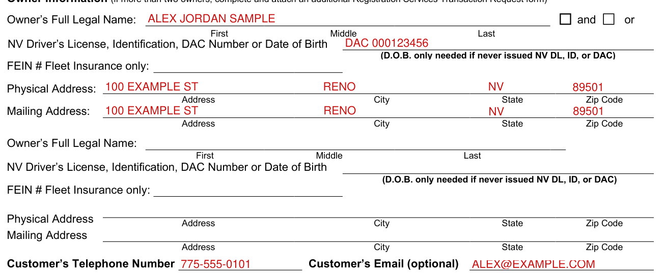 Form VP-247 example filled out, owner's Full Legal Name