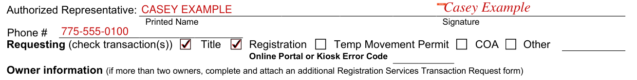 Form VP-247 example filled out, requesting (check transaction(s))
