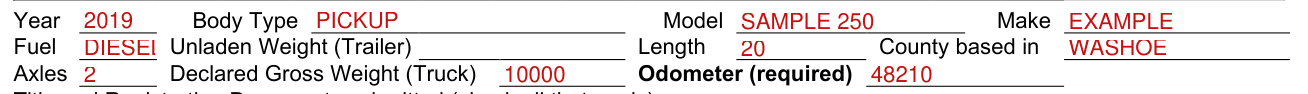 Form VP-247 example filled out, year, Body Type, Model and Make