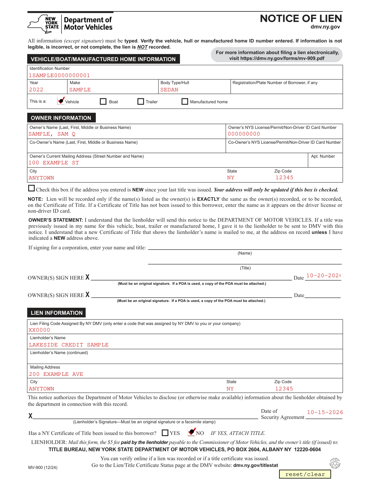 Form MV-900 example filled out, example: a lender records a lien on a car
