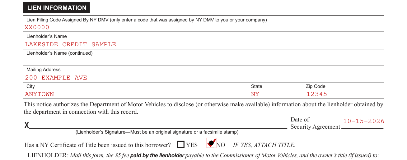 Form MV-900 example filled out, lien information