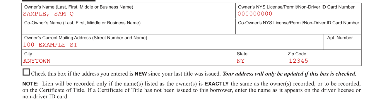 Form MV-900 example filled out, owner information