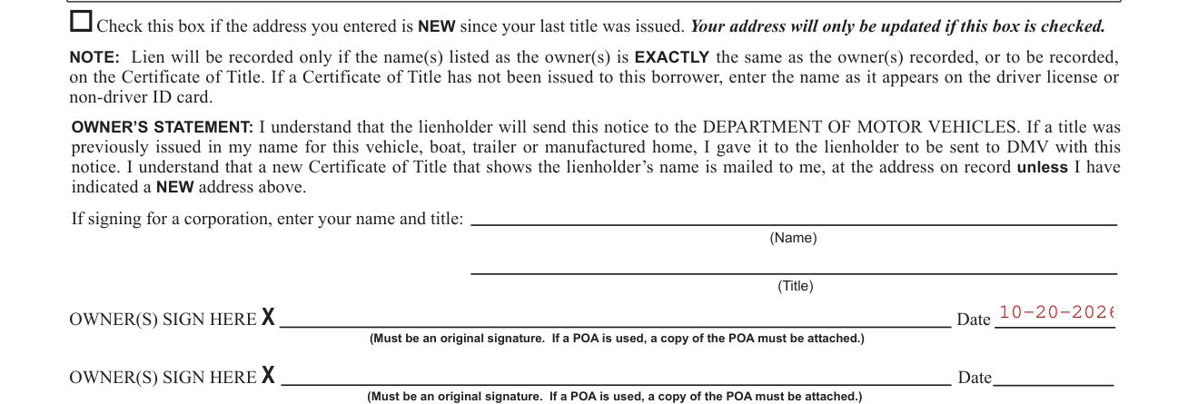 Form MV-900 example filled out, owner's statement and signature