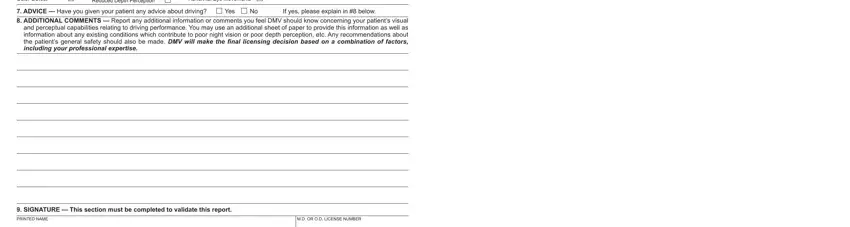 california dmv vision form Decreased Acuity Color Defect, Reduced Depth Perception, Contrast Sensitivity Loss Abnormal, ADVICE  Have you given your, Yes, If yes please explain in  below, ADDITIONAL COMMENTS  Report any, SIGNATURE  This section must be, and MD OR OD LICENSE NUMBER fields to fill out