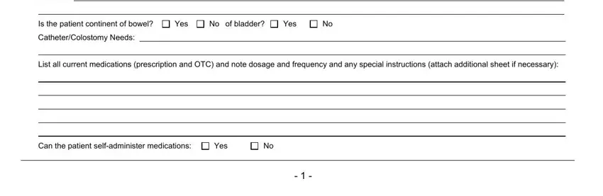 doh form 4359 Catheter/Colostomy Needs:, List all current medications, Can the patient self-administer, and Yes blanks to fill out