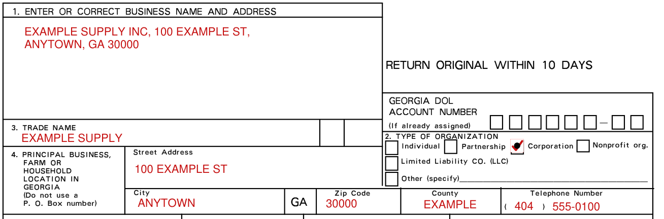Form DOL-1N example filled out, business name and address, type of organization, trade name and location in Georgia