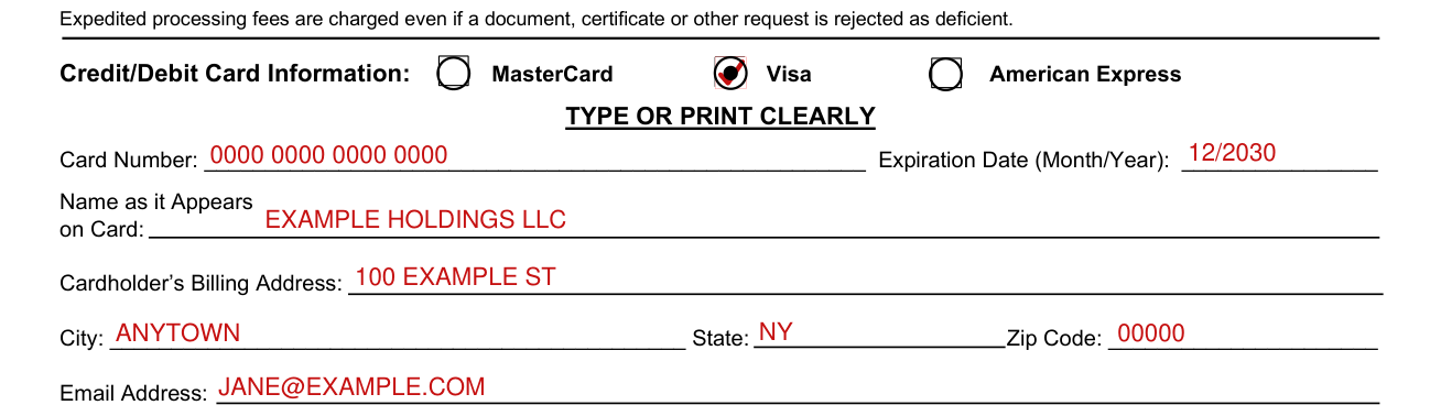 Form DOS-1515-f example filled out, credit/Debit Card Information