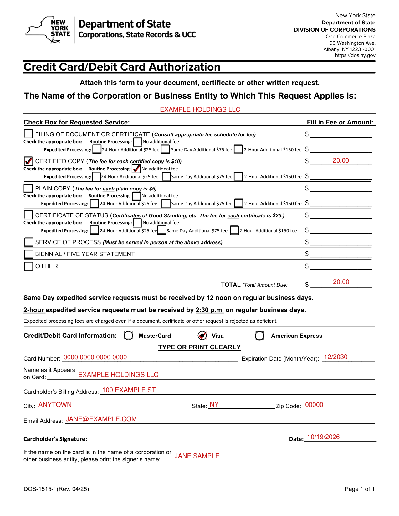 Form DOS-1515-f example filled out, example: a company pays for two certified copies by card