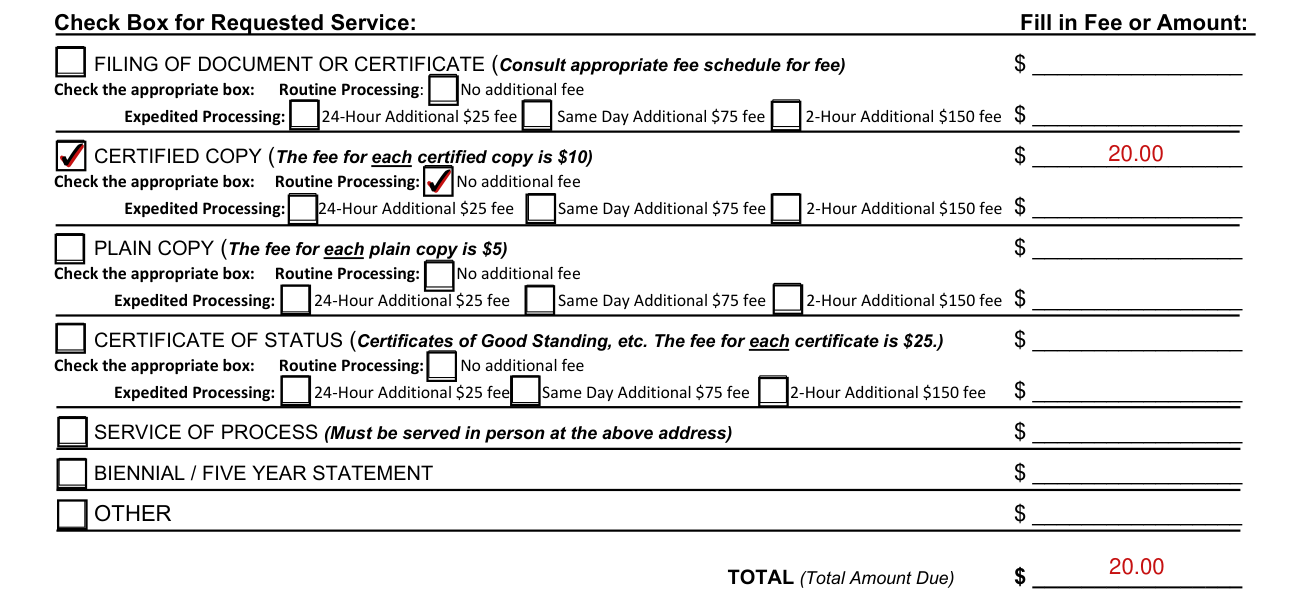 Form DOS-1515-f example filled out, requested service and fee or amount