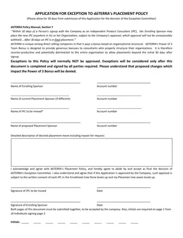 Doterra Placement Policy Application Form Preview