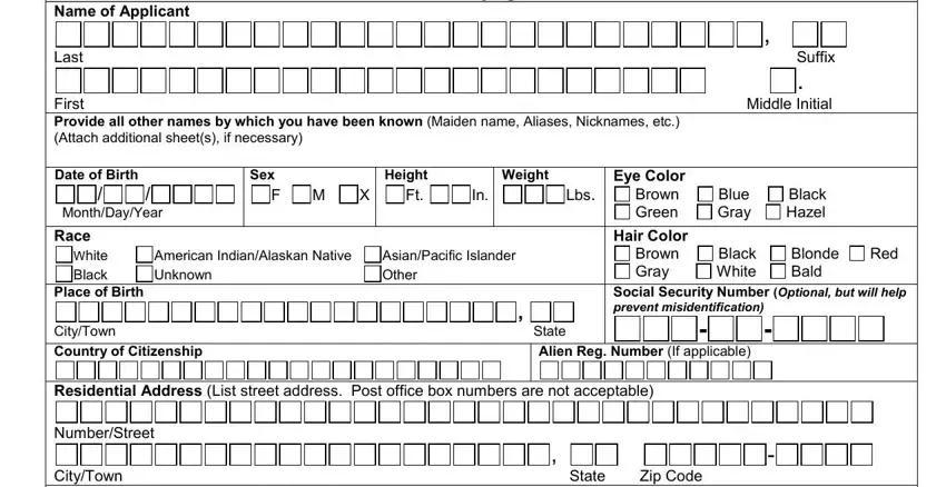 ContactIdentifyingInformation, NameofApplicant, Last, WeightLbs, HeightFt, Sex, WhiteBlackUnknownOther, AmericanIndianAlaskanNative, AsianPacificIslander, PlaceofBirth, Suffix, MiddleInitial, BlueGray, BlackHazel, and CityTownStateCountryofCitizenship in dps 46 c card connecticut