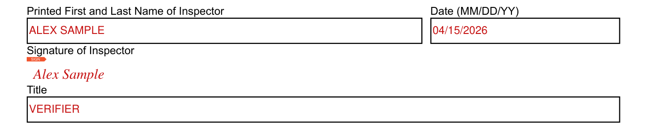 Form DR 2698 example filled out, certification and Signature of Inspector