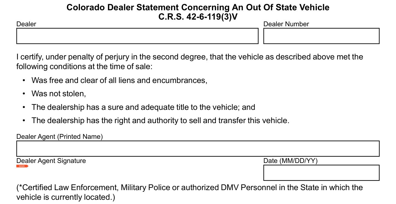 Form DR 2698 example filled out, colorado Dealer Statement Concerning An Out Of State Vehicle
