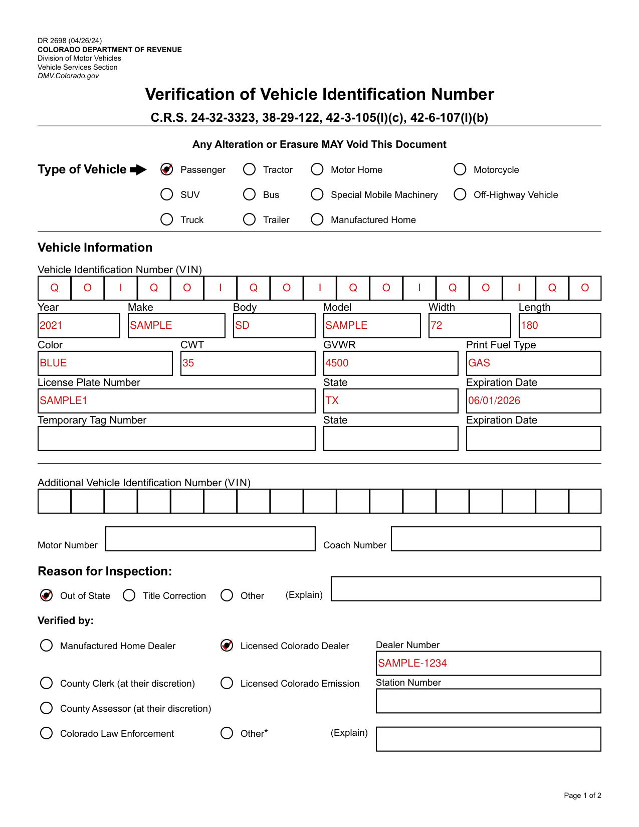Form DR 2698 example filled out, example: a licensed Colorado dealer verifies an out-of-state passenger car