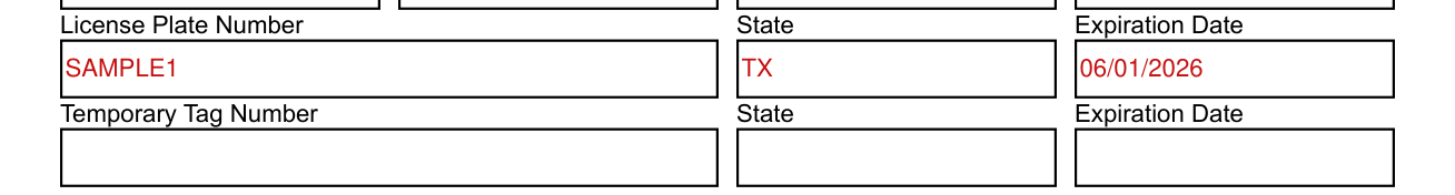 Form DR 2698 example filled out, license Plate or Temporary Tag