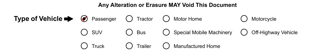 Form DR 2698 example filled out, type of Vehicle