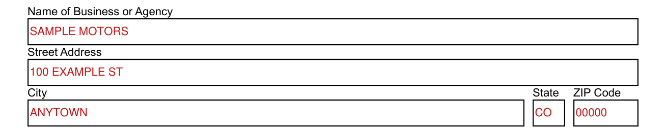 Form DR 2698 example filled out, vehicle Identification Number (VIN) and Name of Business or Agency on page 2