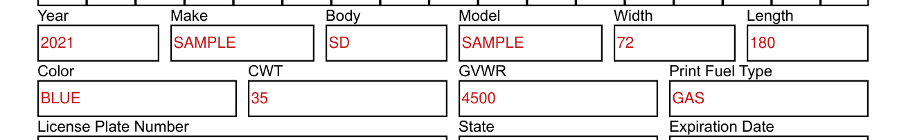 Form DR 2698 example filled out, vehicle Information