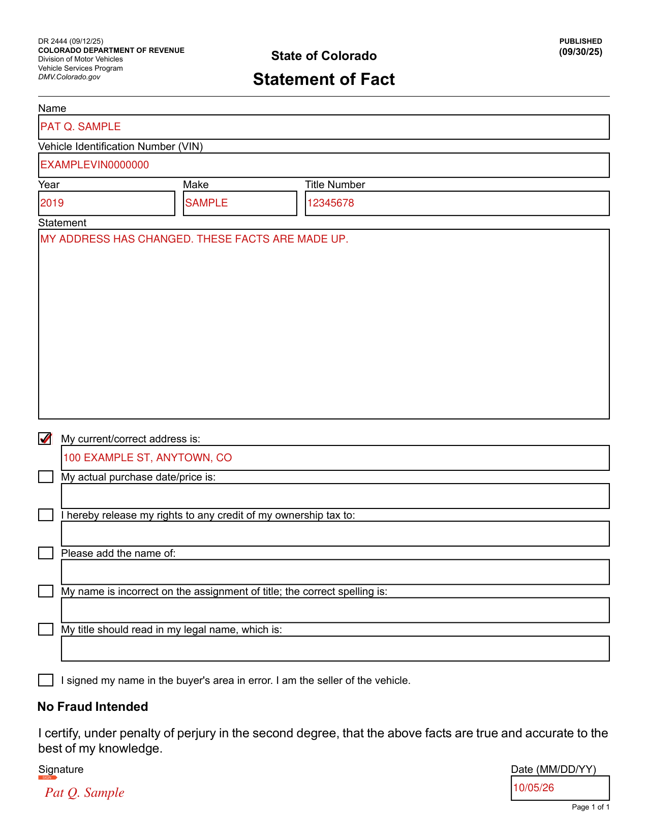 Form DR 2444 example filled out, example: a statement giving a current address