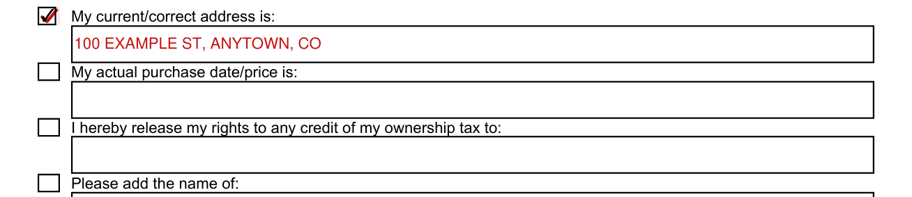 Form DR 2444 example filled out, my current/correct address, actual purchase date/price and ownership tax credit