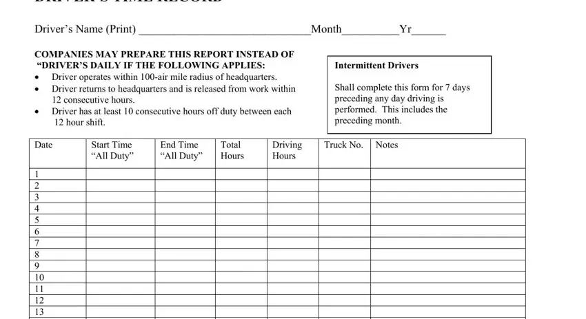 driver time record fields to fill in