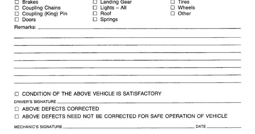 printable driver vehicle inspection report form TarpaulinTiresWheelsOther, DRIVERSSIGNATURE, MECHANICSSIGNATURE, DRIVERSSIGNATURE, DATE, and DATE fields to fill