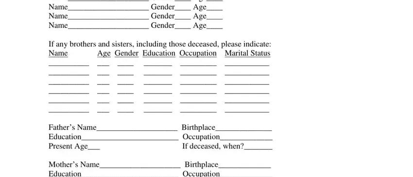 rehab form Name Gender Age Name Gender Age, If any brothers and sisters, Fathers Name Birthplace Education, and Mothers Name Birthplace Education blanks to insert