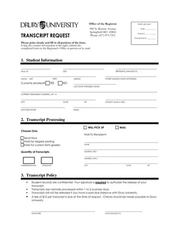 Drury Transcript Request Form Preview