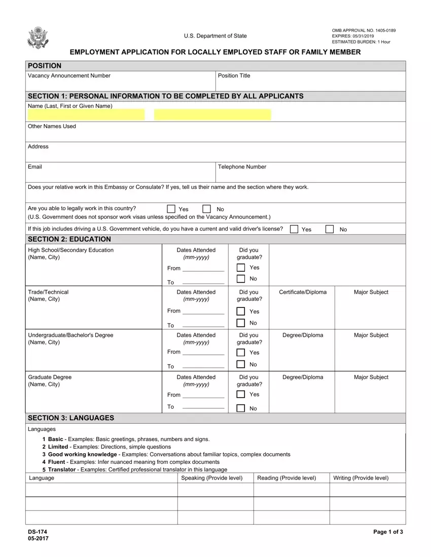 Ds 174 Application For Employment first page preview