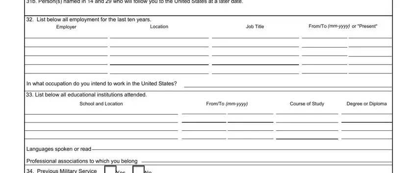 immigrant application b Persons named in  and  who will, List below all employment for the, Employer, Location, Job Title, FromTo or Present, mmyyyy, In what occupation do you intend, List below all educational, School and Location, FromTo mmyyyy, Course of Study, Degree or Diploma, Languages spoken or read, and Professional associations to which blanks to insert