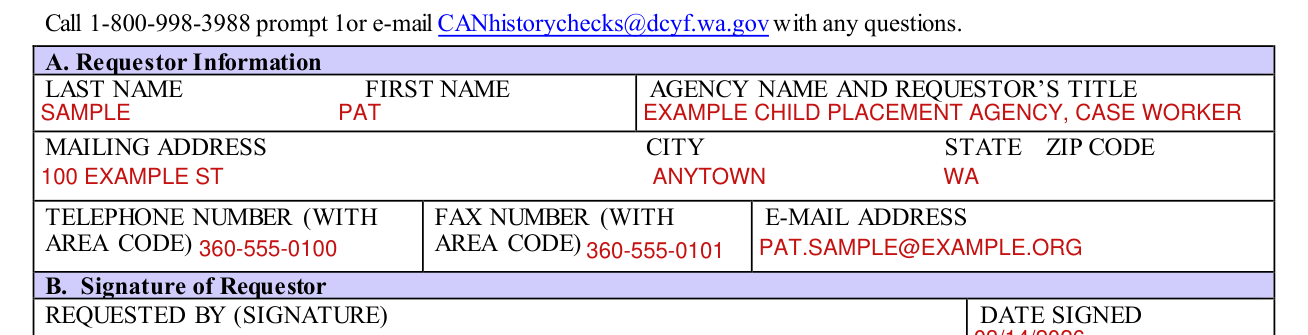 DCYF 23-032 example filled out, a. Requestor Information