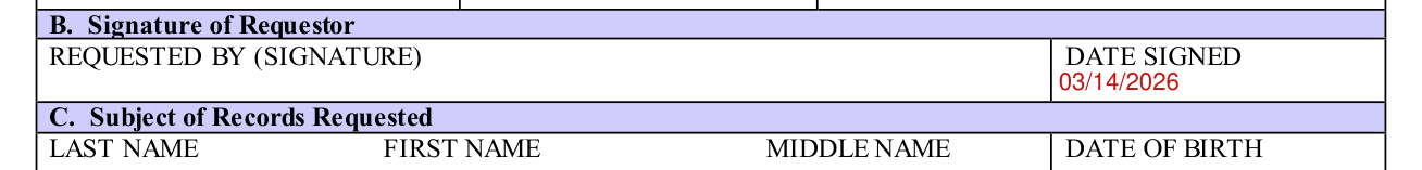 DCYF 23-032 example filled out, b. Signature of Requestor
