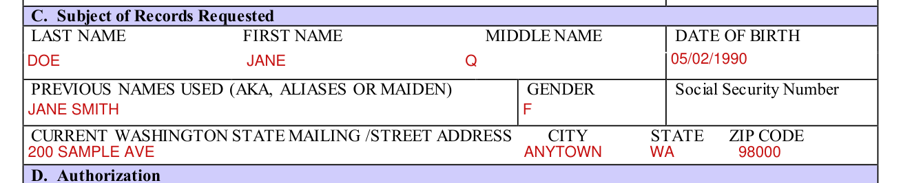 DCYF 23-032 example filled out, c. Subject of Records Requested