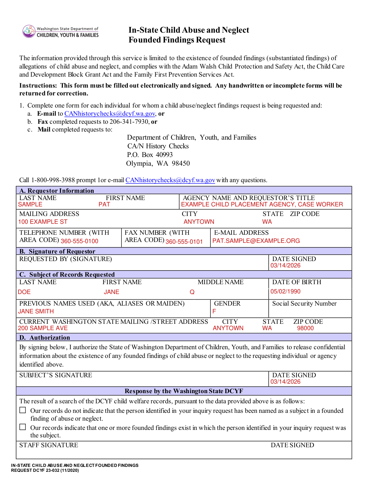 DCYF 23-032 example filled out, example: an agency checks one applicant