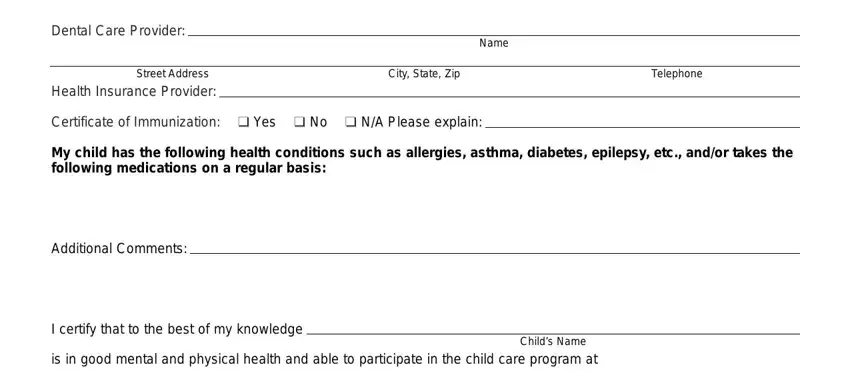 south carolina dss facility Dental Care Provider, Street Address, Health Insurance Provider, Name, City State Zip, Telephone, Certificate of Immunization, My child has the following health, Additional Comments, I certify that to the best of my, Childs Name, and is in good mental and physical fields to insert