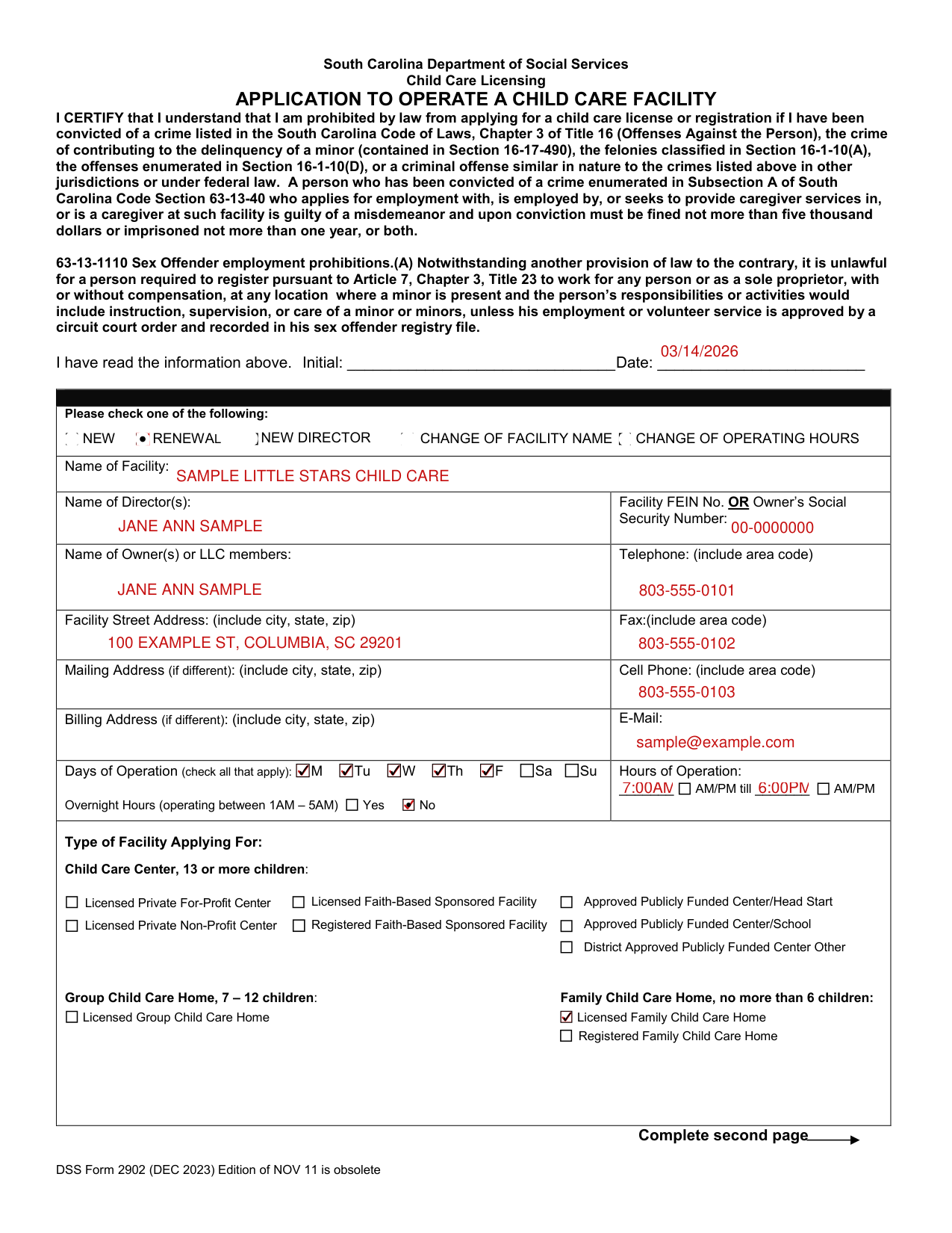 DSS Form 2902 example filled out, example: renewing a family child care home