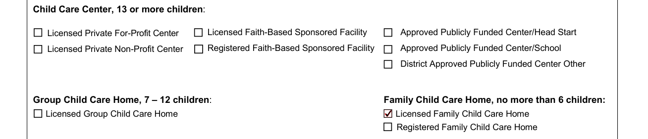 DSS Form 2902 example filled out, type of Facility Applying For
