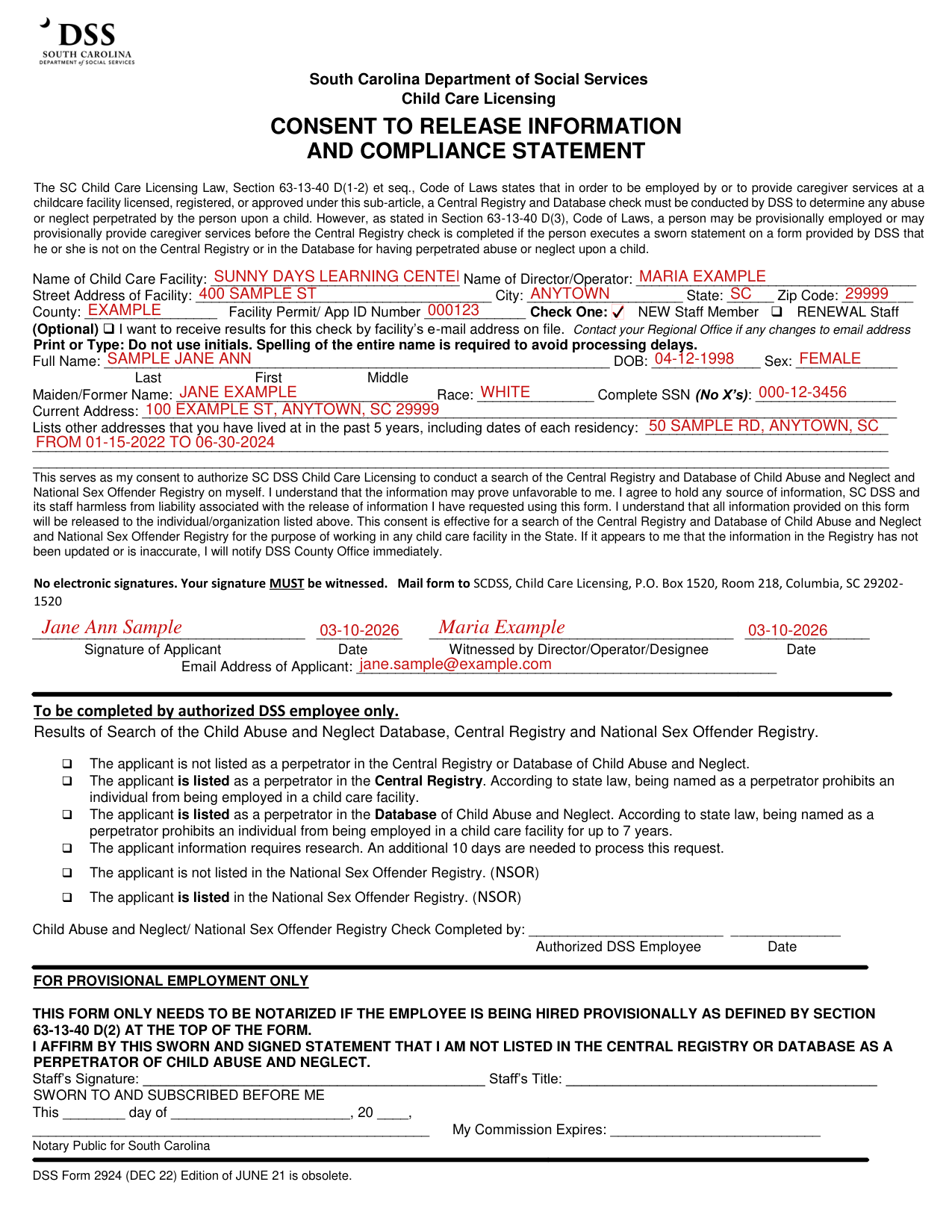 DSS Form 2924 example filled out, example: a new staff member completes the consent