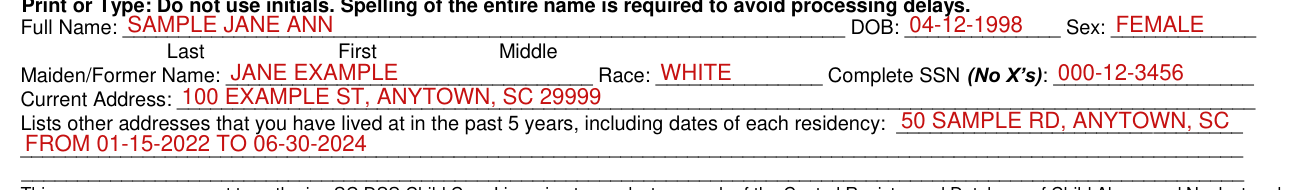 DSS Form 2924 example filled out, full Name and Current Address